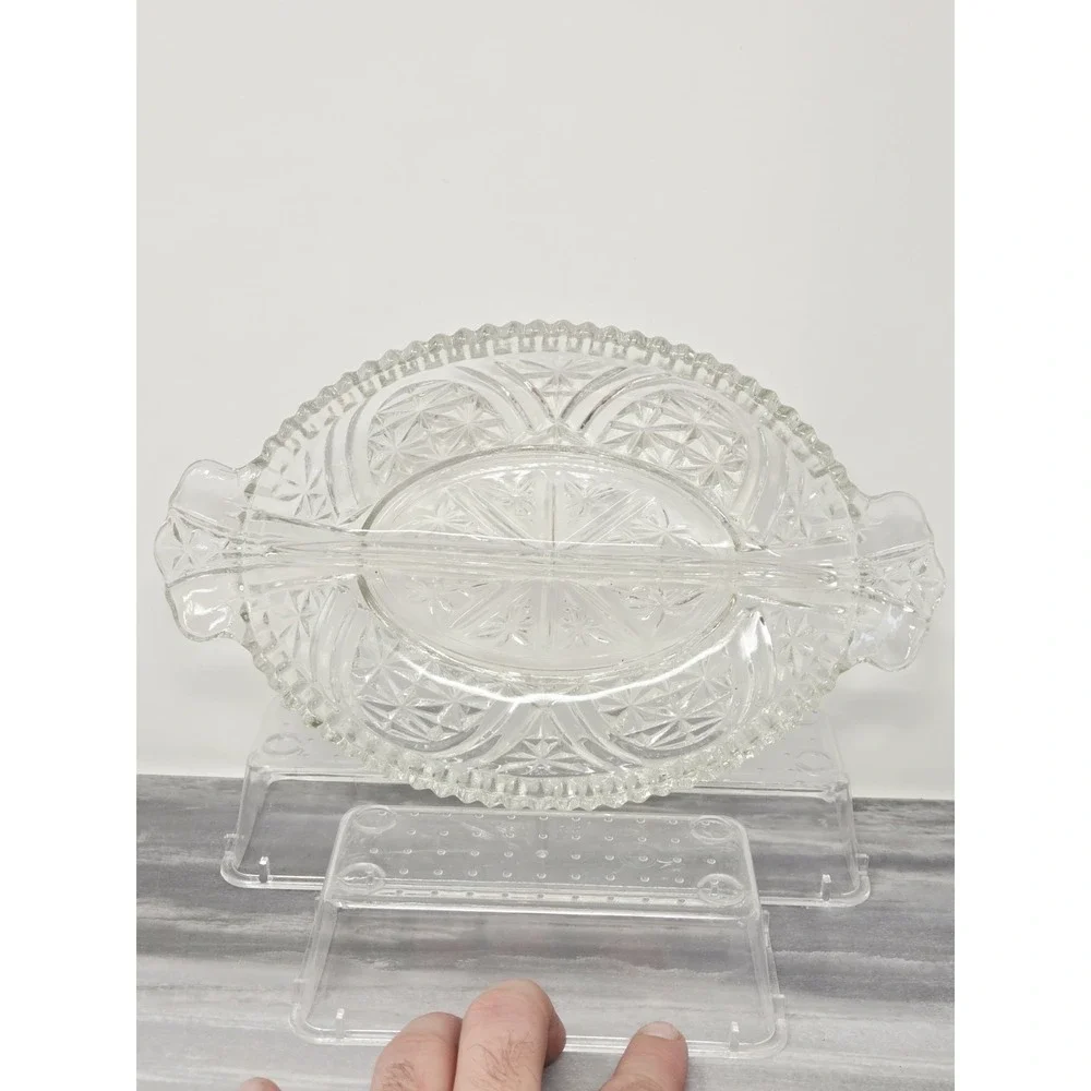 Vtg Anchor Hocking Clear Oval Divided Relish Dish Star Cut Design‎